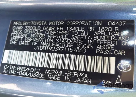 2007 Toyota Yaris z USA, uszkodzony, nr VIN JTDBT923X71157860